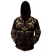 New Stylish Cool 3D Armour Wolf Head Printed Long Sleeve Brown Zip Up Hoodie