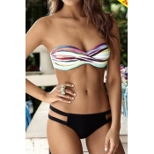 Fashion Striped Printed Sleeveless Top Cut Out Bottom Bikini Swimwear