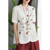 Chic Simple Floral Embroidery Short Sleeve V-Neck Casual Linen T-Shirt for Women