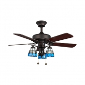 Glass Lattice Bowl Ceiling Light Dining Room 3 Lights Retro Loft Remote Control Ceiling Fan with 5 Blade