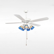 42/52 Inch White Semi Ceiling Mount Light 3/5 Lights Remote Control Ceiling Fan with Pull Chain for Restaurant