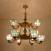 Tiffany Style Dome Shade Chandelier 9 Lights Glass Metal Pendant Lamp in Brass for Living Room