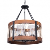 Living Room Drum Shade Chandelier Wood Metal 5 Lights Country Style Brown Hanging Lamp