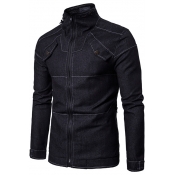 Mens New Stylish Solid Color Contrast Stitching Long Sleeve Stand Collar Zip Up Black Denim Jacket