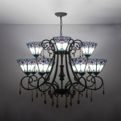 Trapezoid Shade Pendant Light Tiffany Style Antique Stained Glass Chandelier with Crystal for Villa