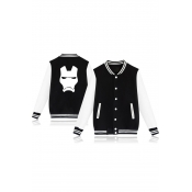 Hot Fashion Iron Print Stand Collar Long Sleeve Button-Front Casual Black Baseball Jacket