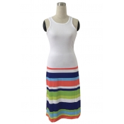 Women's Hot Fashion Round Neck Sleeveless Colorblock Stripes Printed Midi Tank White Dress