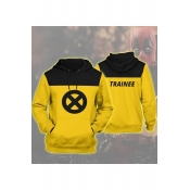 Comic TRAINEE Letter X Circle Printed Yellow Long Sleeve Drawstring Hoodie with Pocket