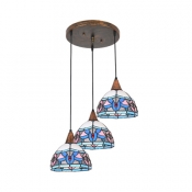 3 Lights Floral Pendant Light Tiffany Vintage Stained Glass Hanging Light in Blue for Kitchen