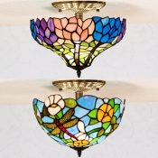 Rustic Style Multi-Color Ceiling Lamp Dragonfly/Flower Glass Inverted Flush Mount Light for Bathroom
