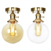 Amber/Clear Glass Globe Flush Mount Light Bathroom 1 Light Traditional Ceiling Light in Brass