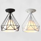 Metal Diamond Cage Flushmount Light 1 Bulb Industrial Style Ceiling Light in Black/White for Bedroom