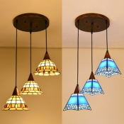 Blue Craftsman/Yellow Bell Pendant Light Tiffany Stylish 3 Lights Stained Glass Hanging Lamp for Corridor