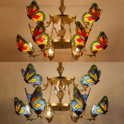 Blue/Red Butterfly Hanging Lighting Tiffany Style Rustic Stained Glass Chandelier for Bedroom
