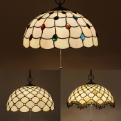 Glass Lattice Bowl Pendant Light with Beads Cafe 16 Inch Antique Style Pendant Lamp with Pull Chain