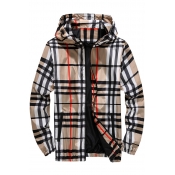 Guys Classic Plaid Check Pattern Hooded Long Sleeve Zip Up Lightweight Sport Jacket