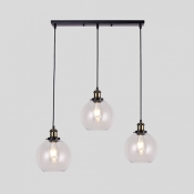 Industrial Globe Shade Pendant Light 3 Lights Clear Glass Hanging Lamp in Black for Dining Room
