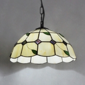 Bowl Shade Restaurant Hanging Light with Green Leaf Glass 1 Light Rustic Pendant Lamp in Beige