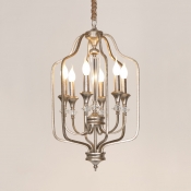 Antique Style Silver Chandelier Candle 6 Lights Metal Hanging Light with Crystal for Restaurant