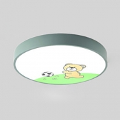 Green Round LED Flush Light with Bear Third Gear Cute Modern Acrylic Ceiling Light for Child Bedroom