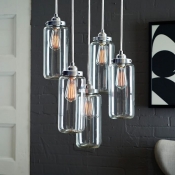 5 Lights Cylinder Pendant Lamp Simple Style Glass Ceiling Light in Chrome for Dining Room