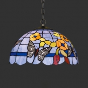 Tiffany Rustic Butterfly Pendant Light Single Light Stained Glass Suspension Light for Shop