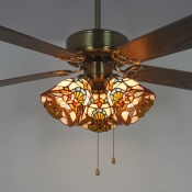 Stained Glass Bell LED Ceiling Fan Bedroom 3 Heads 42 Inch Victorian Semi Ceiling Mount Light with Pull Chain