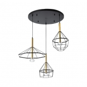 Black Round Canopy Pendant Light with Cage 3 Lights Antique Metal Hanging Light for Kitchen