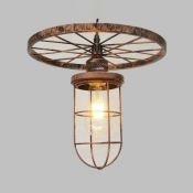 Metal Bulb Cage Pendant Light with Wheel 1 Light Industrial Ceiling Pendant in Bronze for Bar