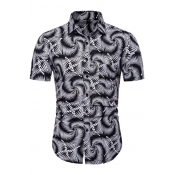 Summer Unique Black Whirlpool Printed Short Sleeve Button Front Slim Fit Shirt