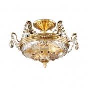 Carved Glass Dome Ceiling Lamp with Clear Crystal 3 Lights European Style Semi Flush Ceiling Light for Hotel