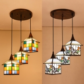 Bird/Grid House Restaurant Hanging Lamp Stained Glass 3 Lights Tiffany Vintage Pendant Light