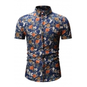 Popular Summer Chic Floral Printed Basic Short Sleeve Slim Fit Button Shirt for Men