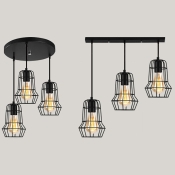 Metal Cage Suspension Light 3 Lights Antique Linear/Round Canopy Ceiling Lamp in Black for Bar