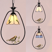 Bloom/Grid/Leaf Pendant Light with Bird 1 Light Tiffany Rustic Glass Ceiling Lamp for Bathroom