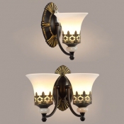 Vintage Style White Wall Lamp Bell Shade 1/2 Lights Frosted Glass Engraved Sconce Light for Hotel