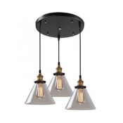 Dining Table Cone Shade Pendant Lamp Clear Glass 3 Heads Industrial Black Finish Ceiling Pendant