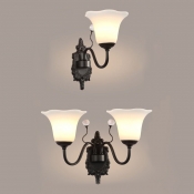 Frosted Glass Flower Shade Wall Light Bedroom 1/2 Lights American Rustic Sconce Lamp in Black