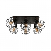 Rotatable Antique Sphere Flush Light with Cage Metal 6 Lights Black Ceiling Mount Light for Cafe
