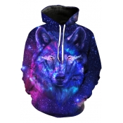 Popular Fashion Blue Galaxy Wolf 3D Printing Long Sleeve Loose Sport Pullover Hoodie