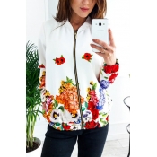 Womens New Trendy Chic Floral Print Long Sleeve Zip Up Fitted White Jacket