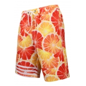 Summer Popular Orange Grapefruit Stripe Printed Drawstring Waist Beach Shorts Swim Trunks for Men with Pocket and Mesh Liner