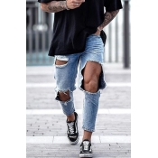 Men's New Fashion Plain Knee Cut Light Blue Ripped Slim Fit Jeans with Big Holes