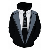 Cool 3D Simple Letter Fake Tied Blazer Print Black Casual Loose Pullover Drawstring Hoodie
