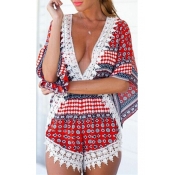 Womens Summer Fashion Plunge V-Neck Lace Trimmed Geometric Print Casual Holiday Romper