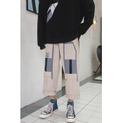 Men's Trendy Colorblock Letter 06 Printed Multi-pocket Straight Loose Cropped Cargo Pants
