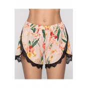 Womens Fancy Floral Pattern Elastic Waist Lace-Trim Casual Dolphin Shorts
