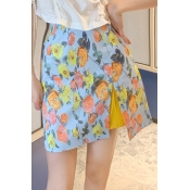 Stylish Sweet Womens Floral Print Split Front Fitted A-Line Mini Skirt