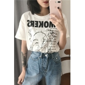 Fashion Vintage Chic Smokers Delight Letter Face Print Short Sleeve Round Neck Simple Loose T-Shirts