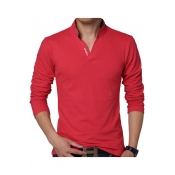 Mens Simple Letter Logo Print V-Neck Long Sleeve Fitted Polo Shirt